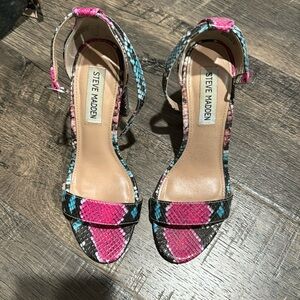Steve Madden Carrson Snakeskin Pink and Blue chunk heels